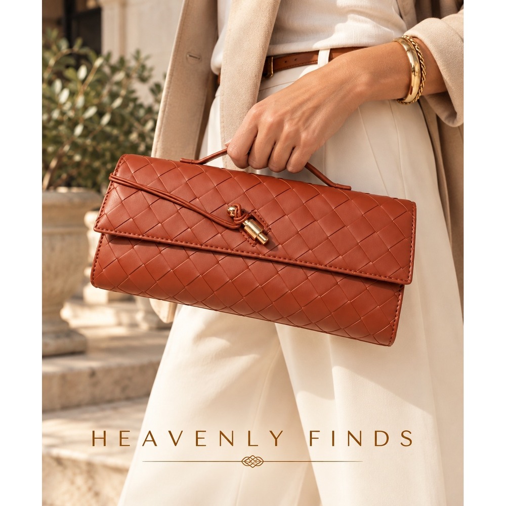 Woven Intrecciato Style Clutch Bag Brown PU Top Handle Gold Hardware New